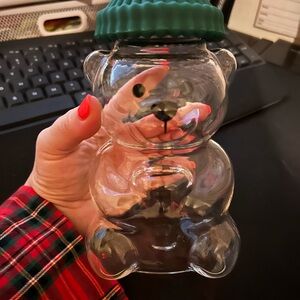 Clear Teddy Bear-Shaped Jar Cup with Green Lid & Straw